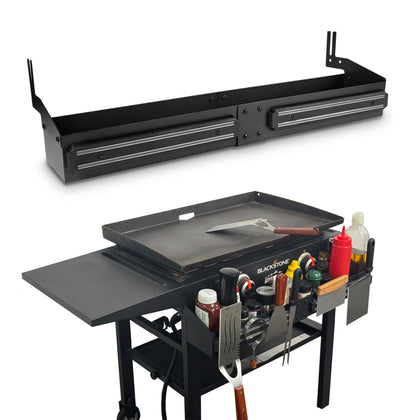 Sivsis front griddle caddy on Blackstone, expanding countertop storage for grilling essentials.