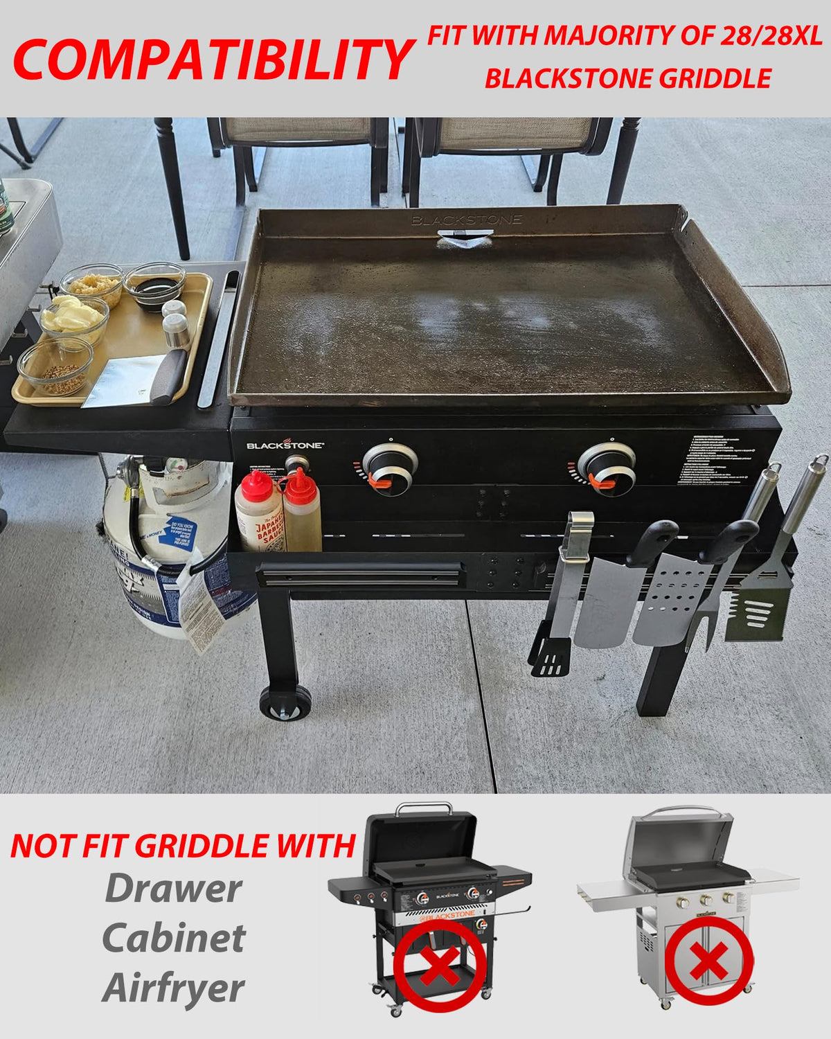 Fits 28 and 28XL Blackstone griddles, elevating access and organization.