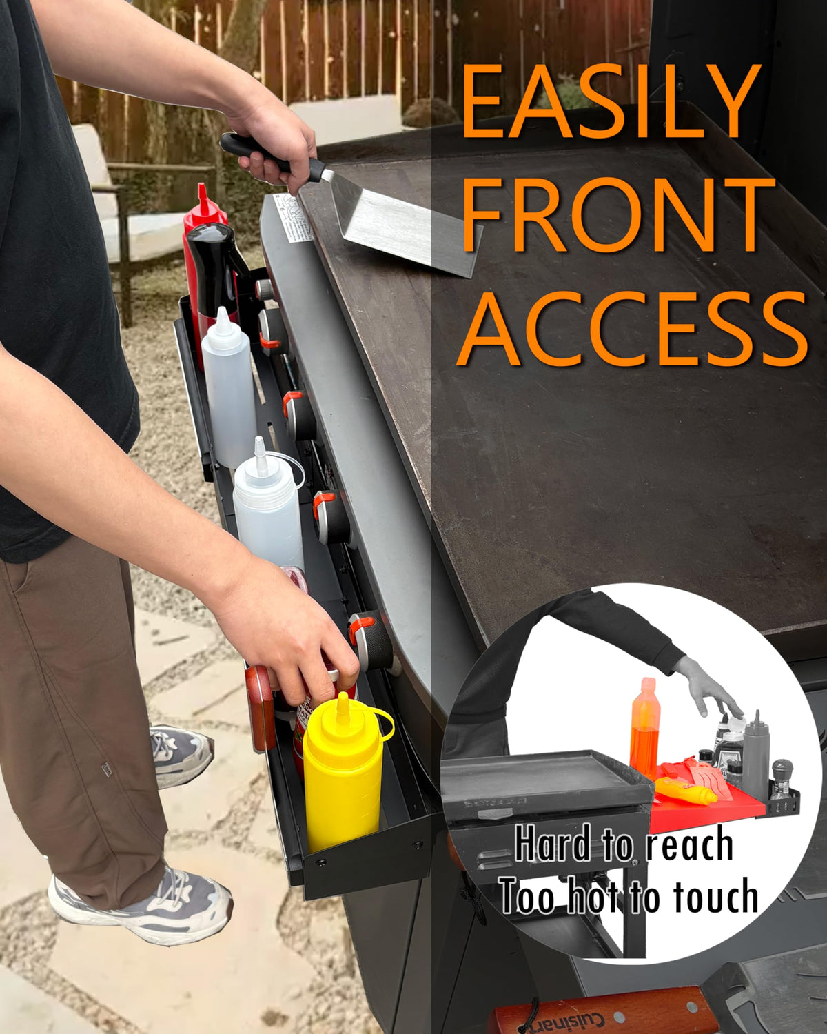 Sivsis Front Griddle Caddy demonstrates no-drill install on a Blackstone