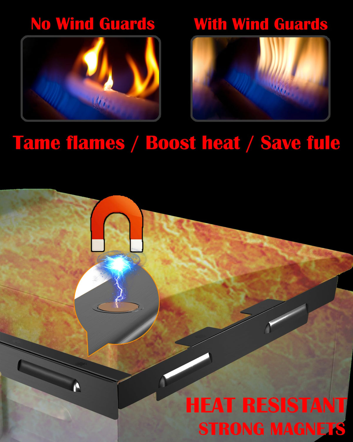 Powder-coated stainless steel wind guards resist rust and wear for outdoor grilling