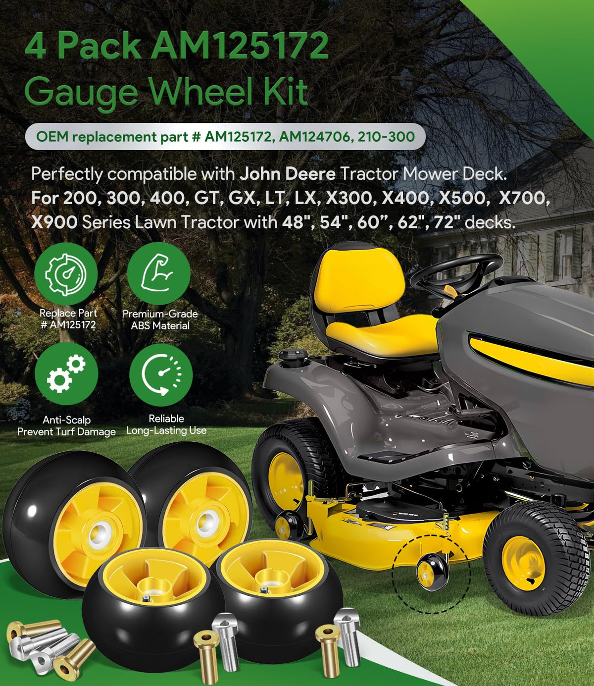 Sixcow AM125172 gauge wheel kit with four wheels for John Deere mowers.