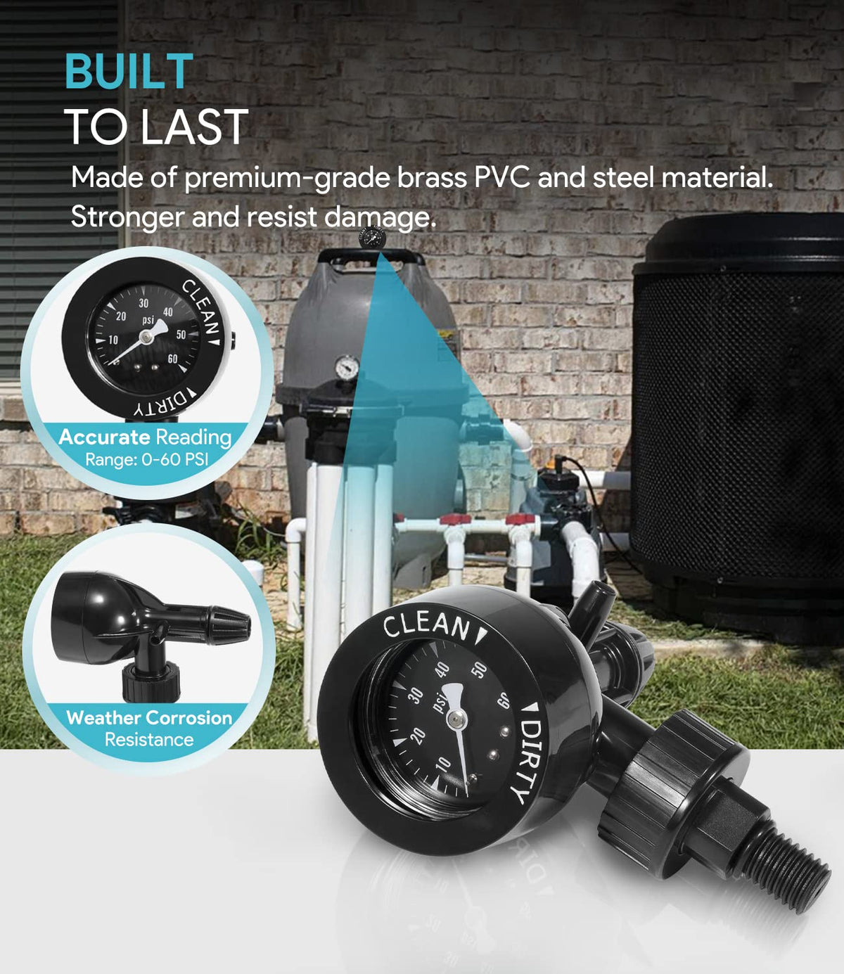 Sixcow back-mounted pressure gauge shown for easy pool filter readings.