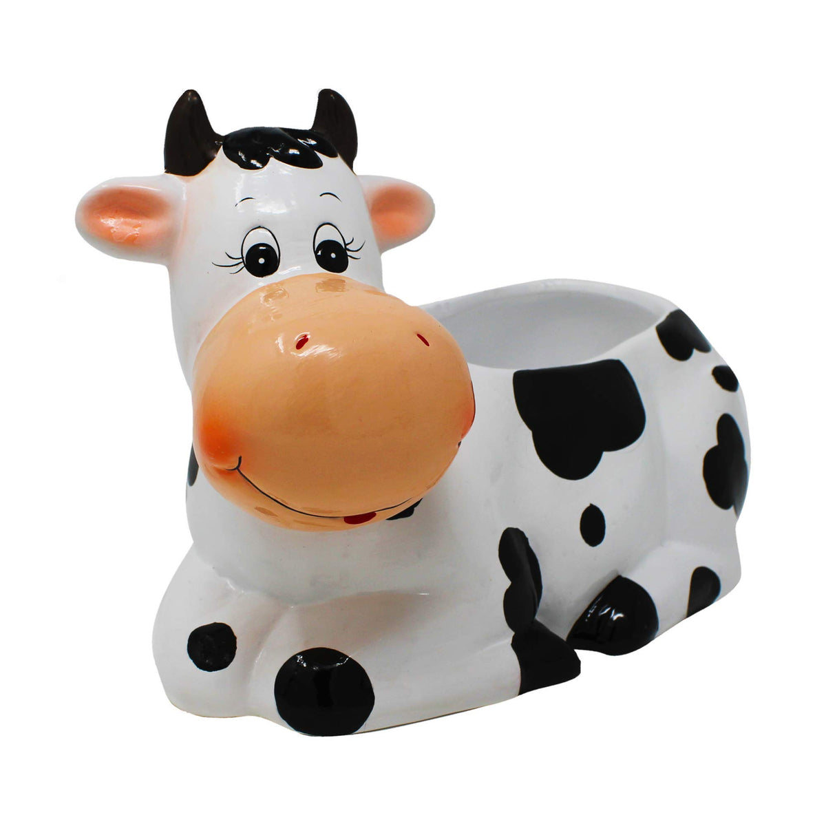 Sixdrop cow planter pot showing integrated drain holes for healthy watering.