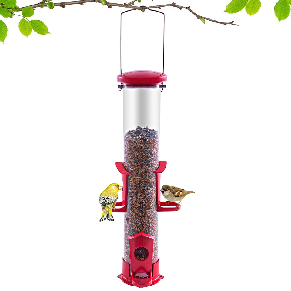 Skaithee metal tube bird feeder in red with four ports attracting diverse birds