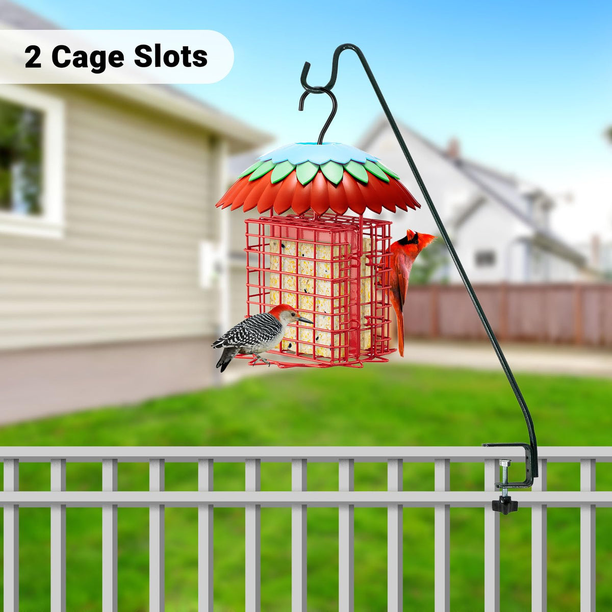 Skaithee Suet Feeder Double roof-guard protects food from rain.