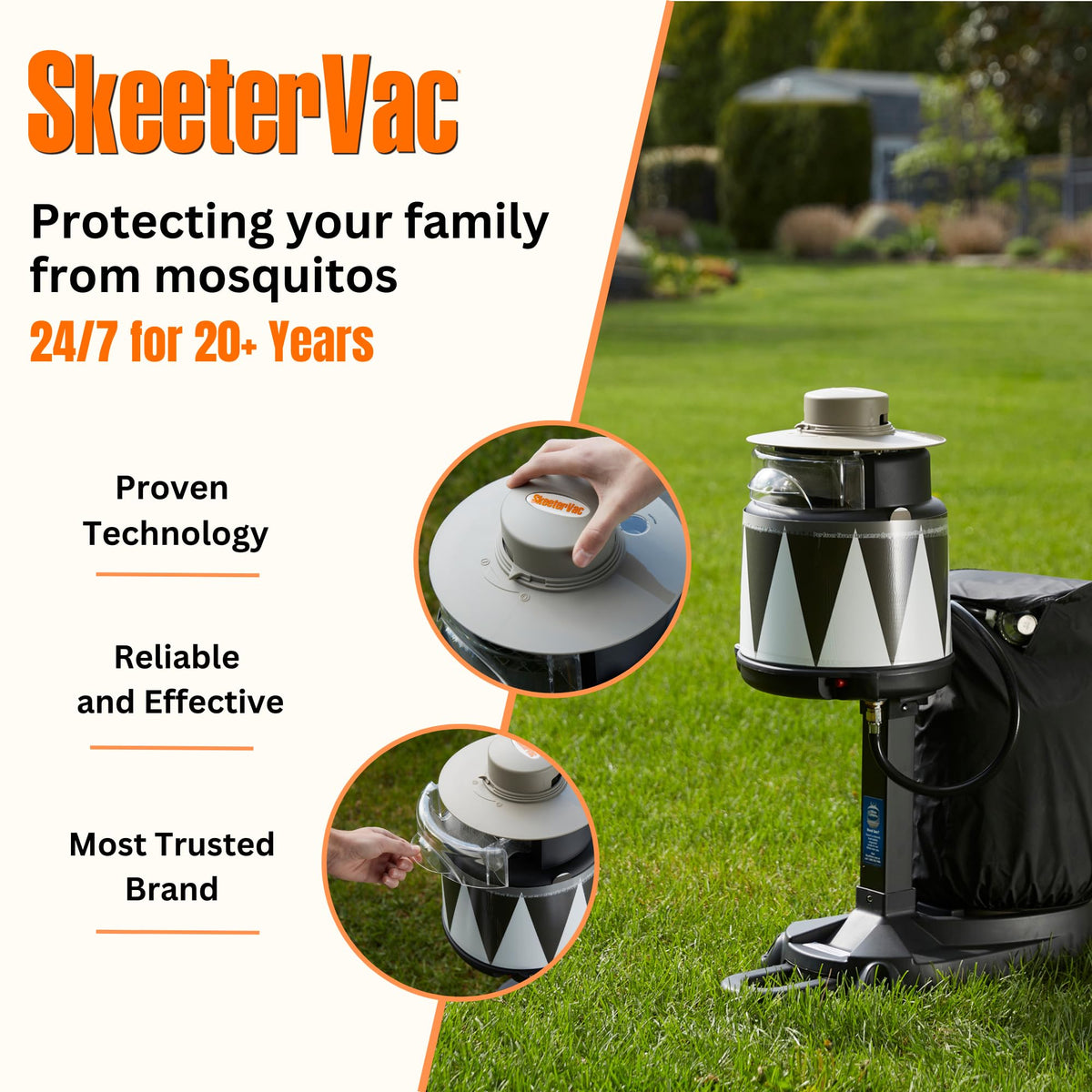 SkeeterVac SV5100 side view showing outdoor deployment potential.