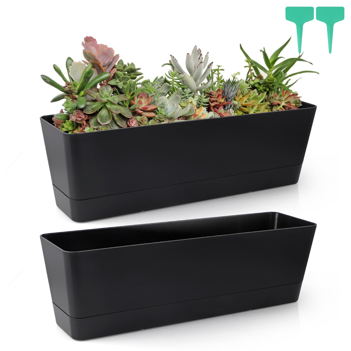 Skelang rectangular planter 16.7-inch with drainage tray for tidy windowsill gardening.