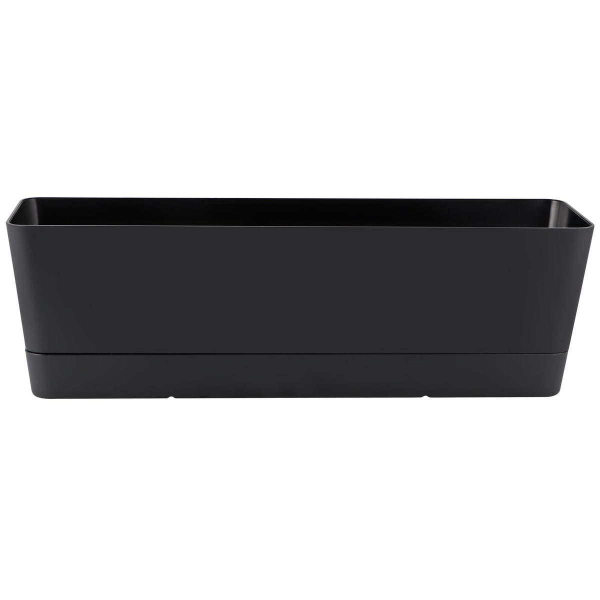 Skelang black rectangular planter on a windowsill with herbs.
