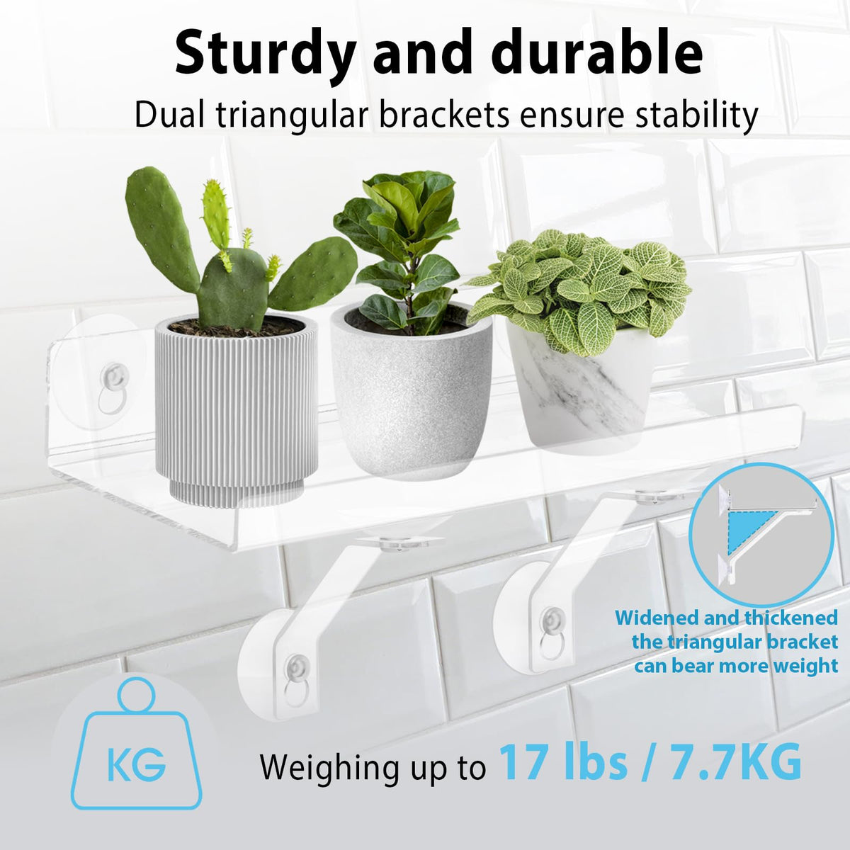 SKEWO plant shelf with triangular brackets for stable, reliable support.