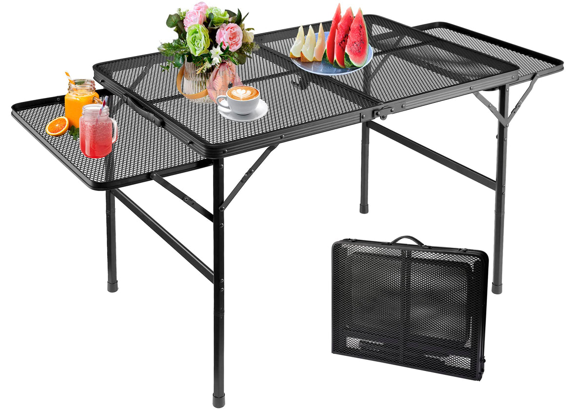 SKIKEN large folding camping table top view with steel mesh surface for outdoor dining