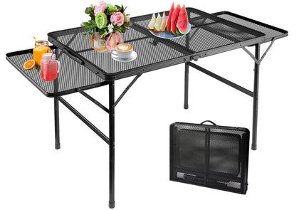 SKIKEN large folding camping table top view with steel mesh surface for outdoor dining