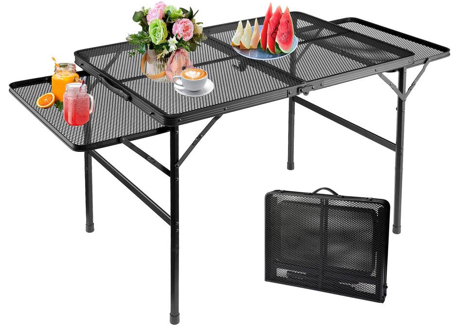 SKIKEN large folding camping table top view with steel mesh surface for outdoor dining