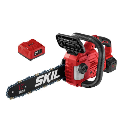 Skil PWR CORE 20 brushless chainsaw front view with 12-inch bar for easy yard work.