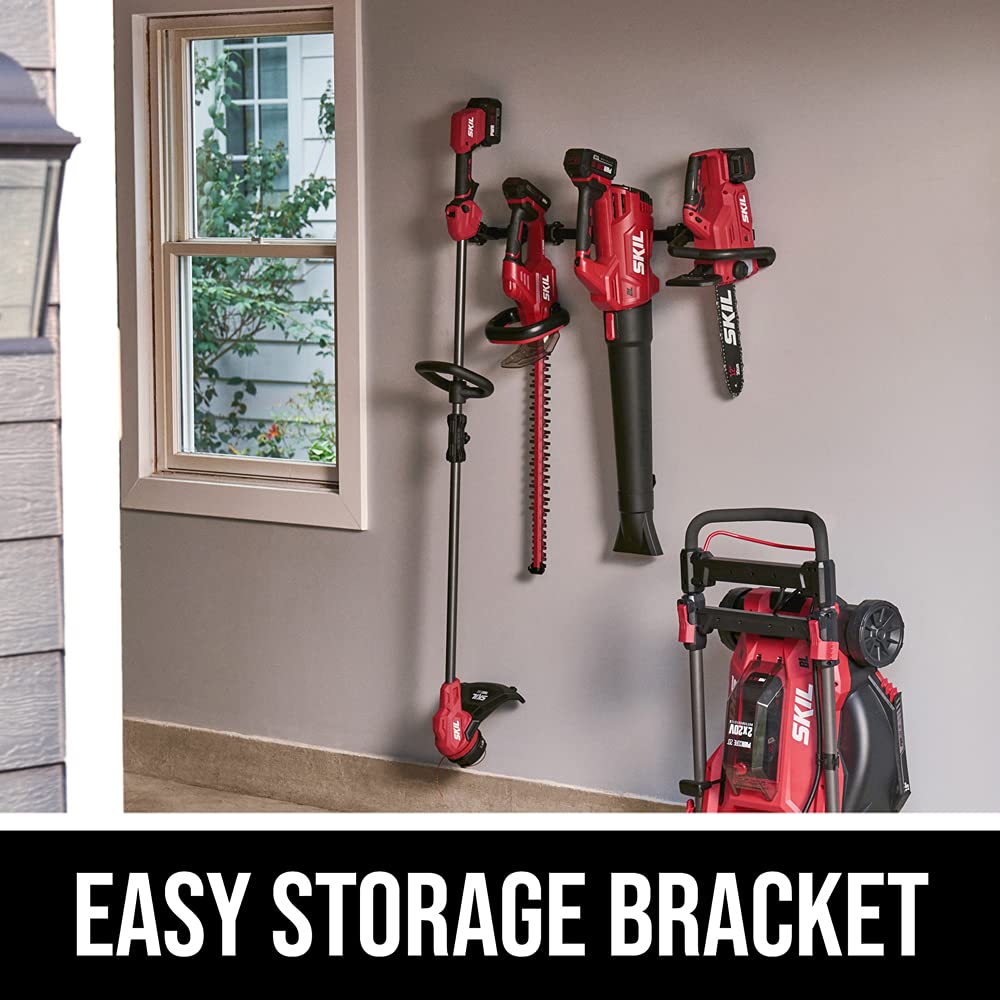 Skil PWR CORE 20 easy storage bracket keeps outdoor tools organized.