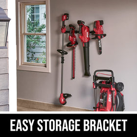 Skil PWR CORE 20 easy storage bracket keeps outdoor tools organized.