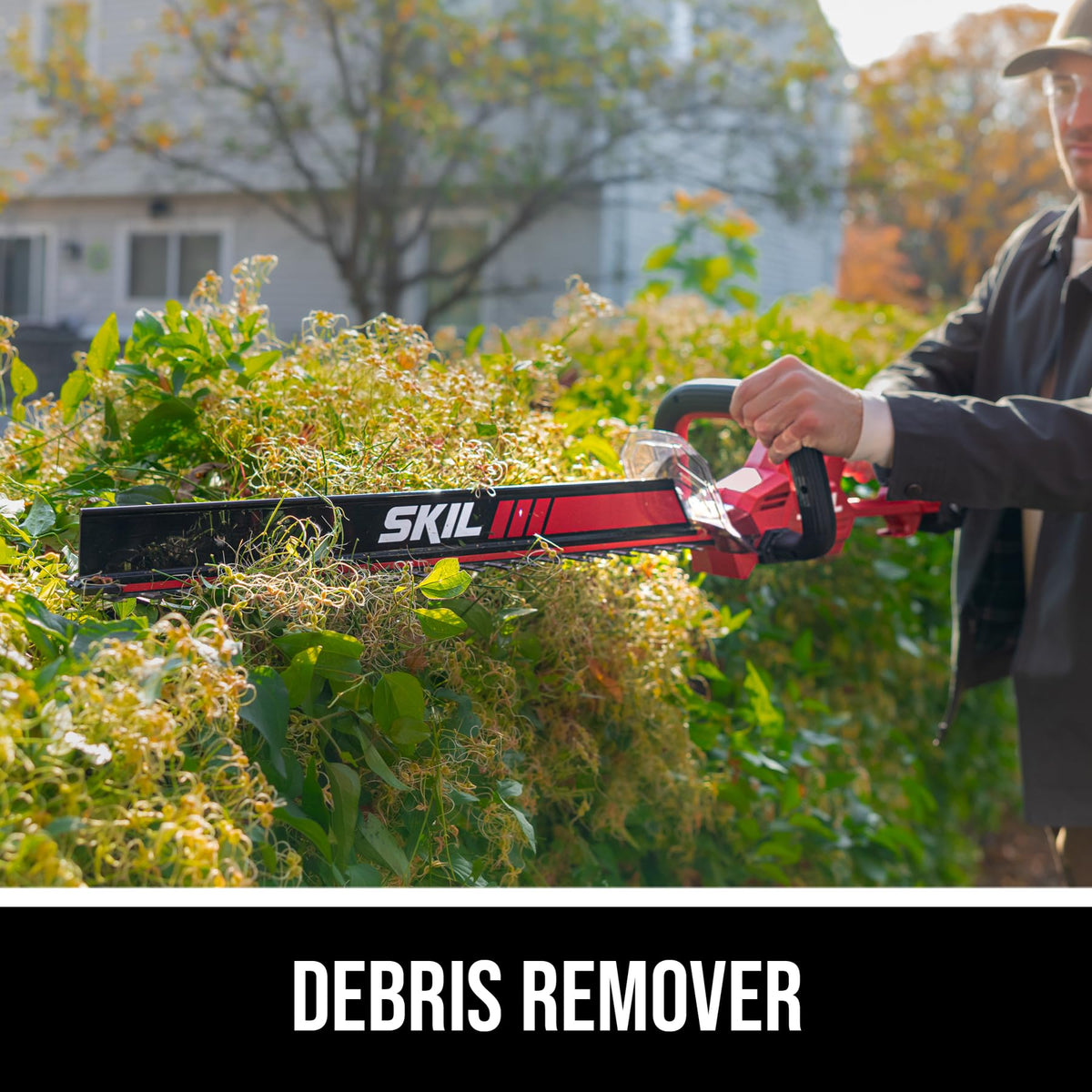 Skil PWR CORE debris remover directing clippings away from the cut line.