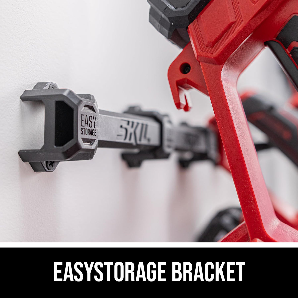 Skil PWR CORE easystorage bracket keeps tools neatly organized.