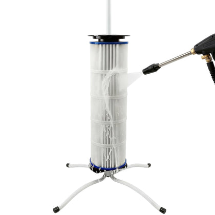 Skimzy pool filter cleaning stand with upright base for comfortable, hands-free rinsing.