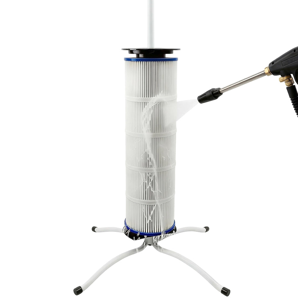 Skimzy pool filter cleaning stand with upright base for comfortable, hands-free rinsing.