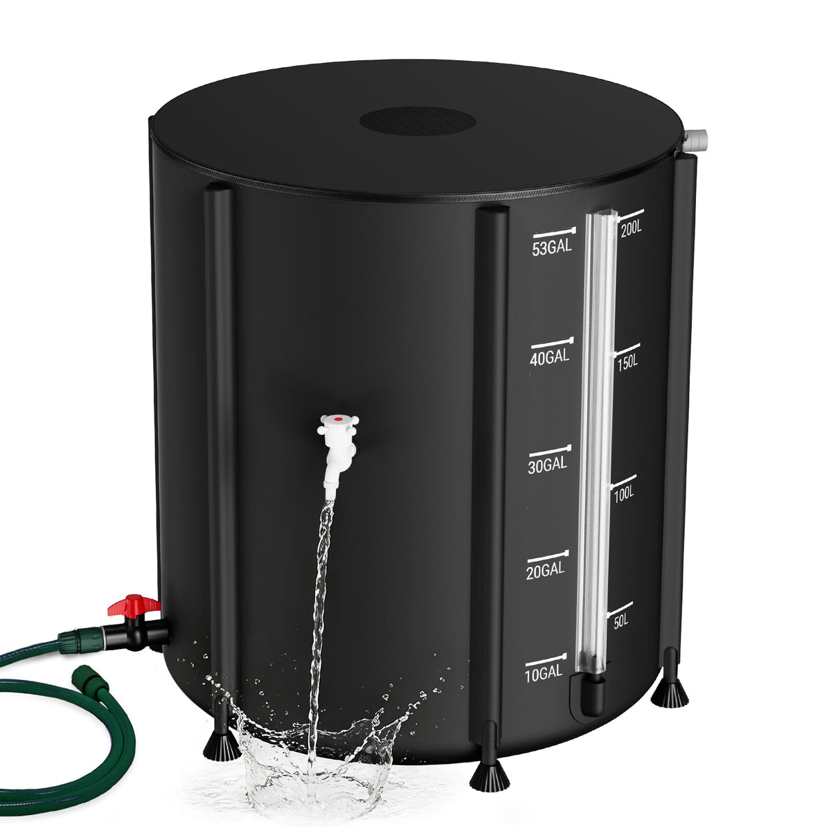 SKM 53-gallon collapsible rain barrel ready for outdoor water collection