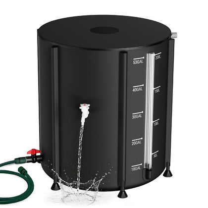 SKM 53-gallon collapsible rain barrel ready for outdoor water collection