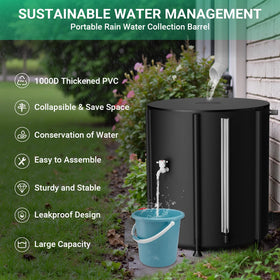 SKM rain barrel with overflow kit shown for garden use