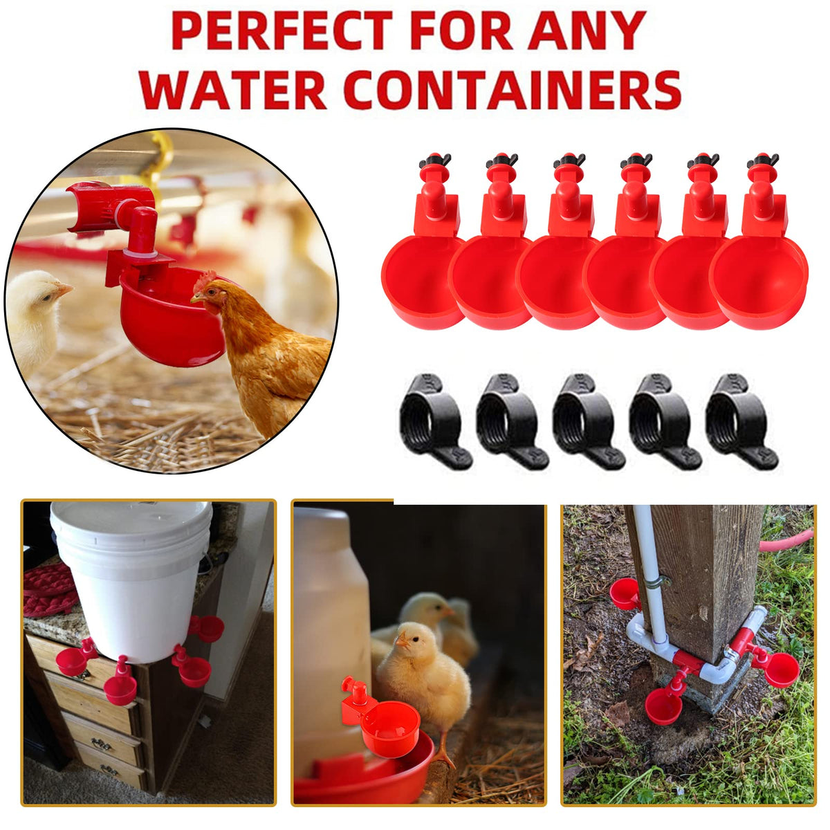SKWIRLLE poultry waterer kit includes cups and nuts.