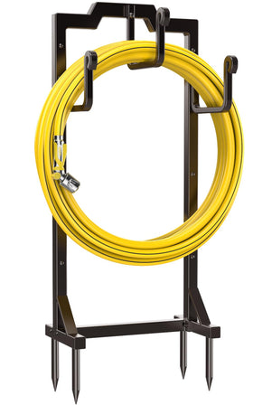 Skycarper bronze hose reel holder in a garden setting for organized storage.