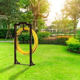 Skycarper four-foot stand elevates hoses for a tidy yard setup.