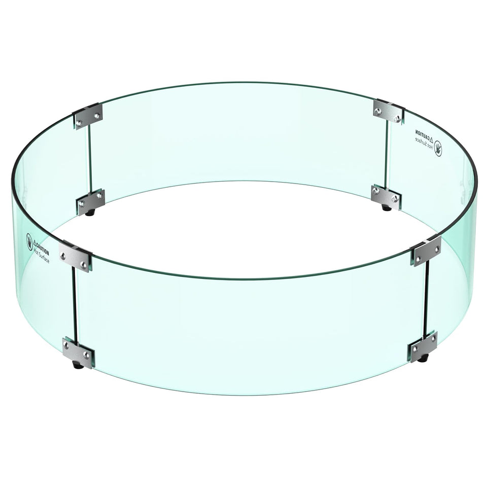 Skyflame 24-inch glass wind guard protects a fire pit from gusts for steadier flames