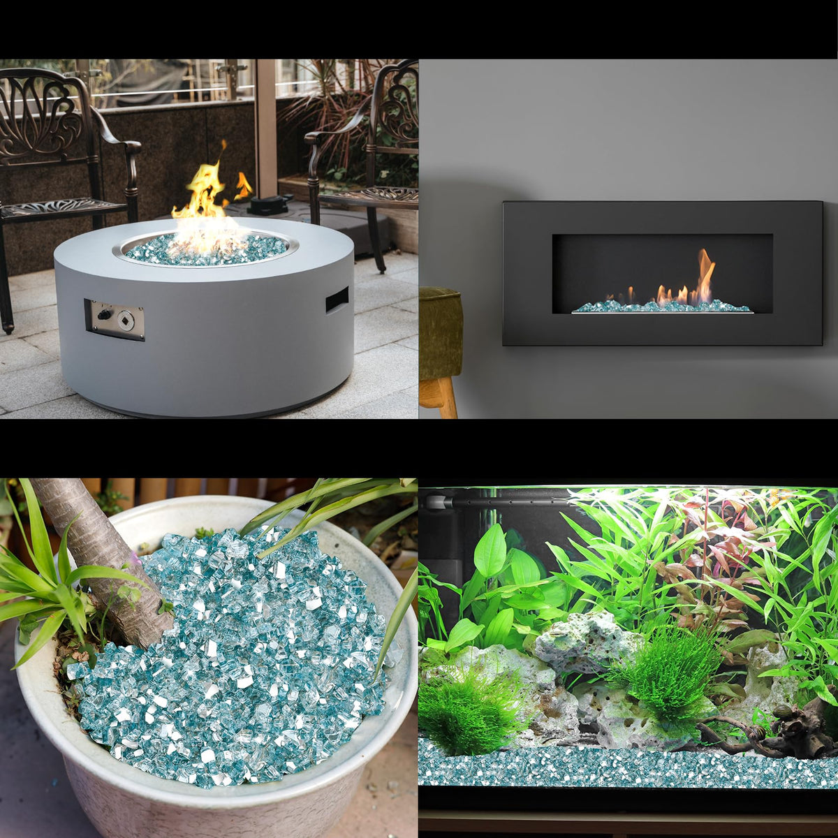 Backlit Skyflame aqua blue fire glass creating a luminous glow