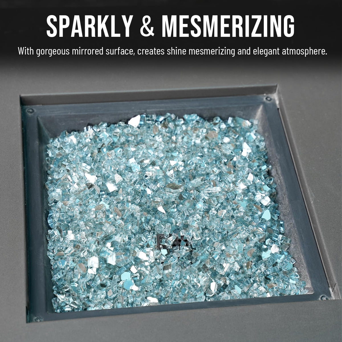 Skyflame aqua blue fire glass in fireplace display with reflections