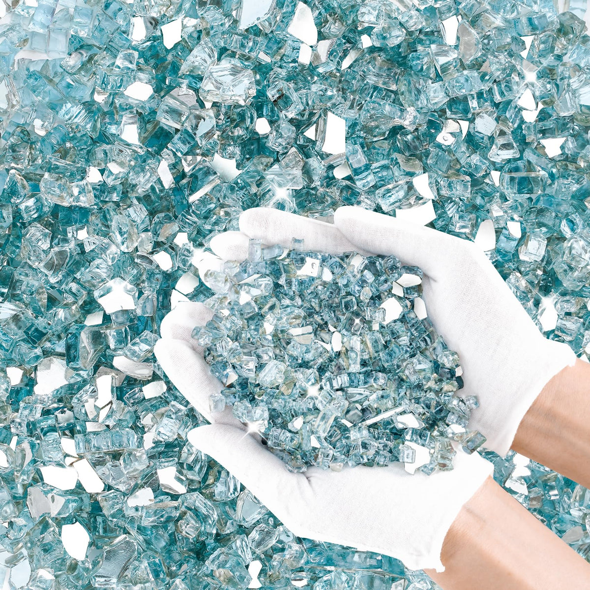 Skyflame aqua blue fire glass after maintenance looks sparkling