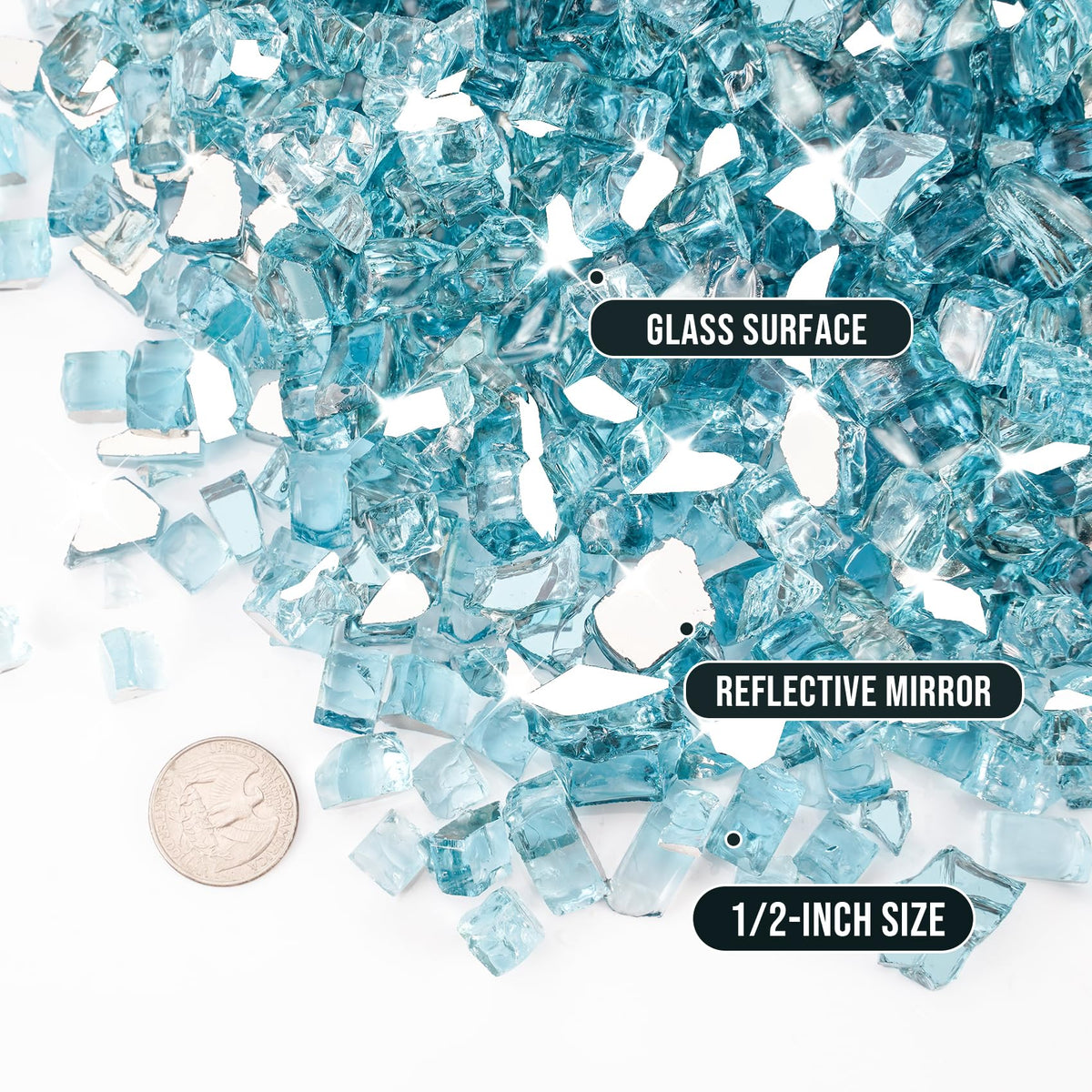 Skyflame aqua blue reflective fire glass in a firepit creating vibrant ambiance