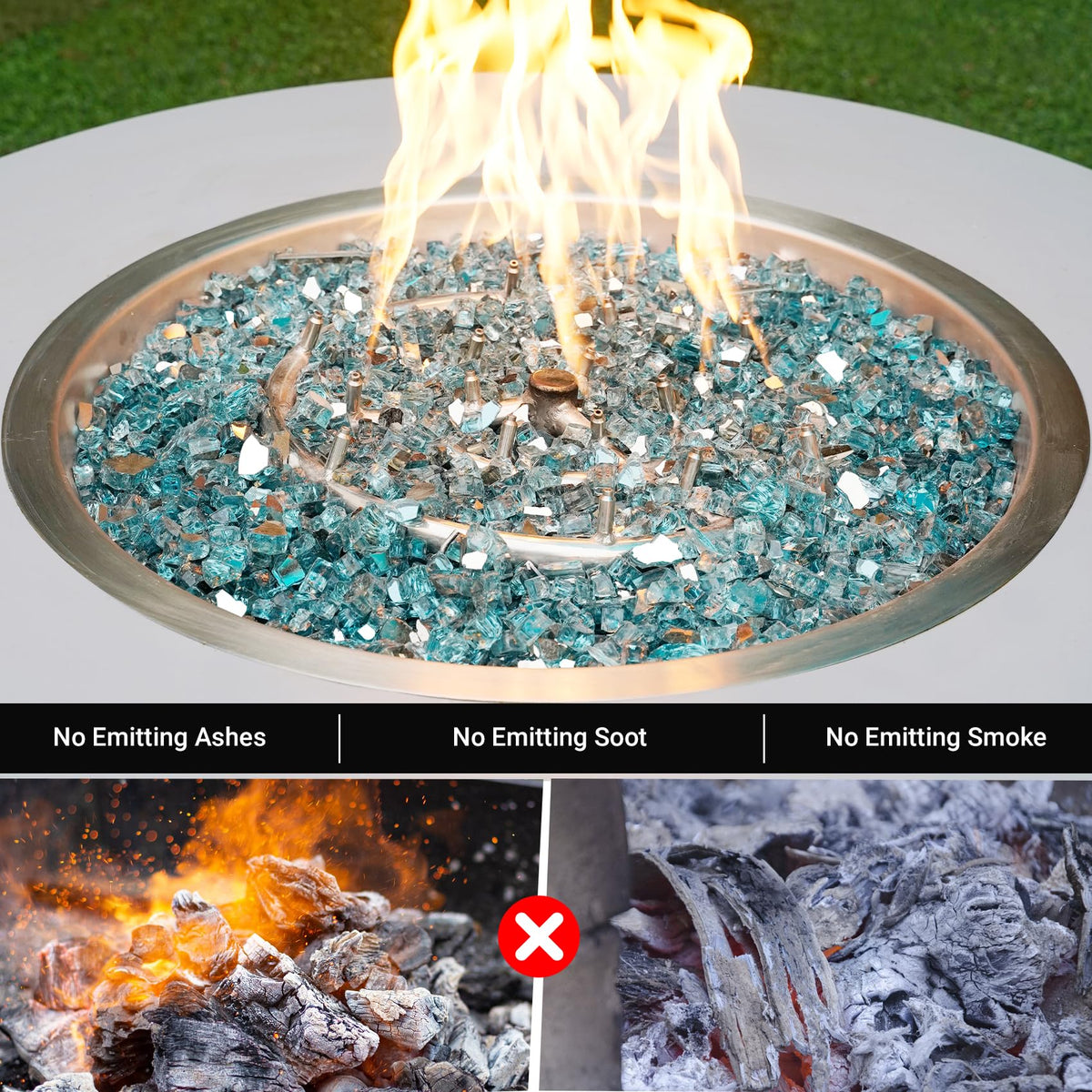 Skyflame aqua blue reflective fire glass in a fireplace for radiant glow
