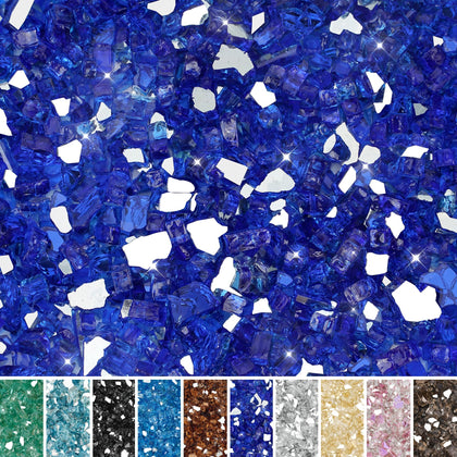Skyflame cobalt blue fire glass 1-2-inch for fire pits enhances glow and reflection.