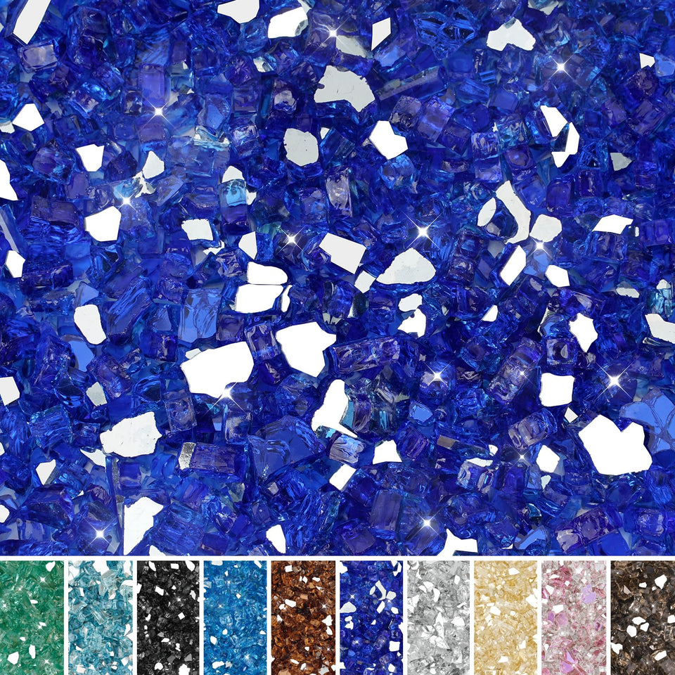 Skyflame cobalt blue fire glass 1-2-inch for fire pits enhances glow and reflection.