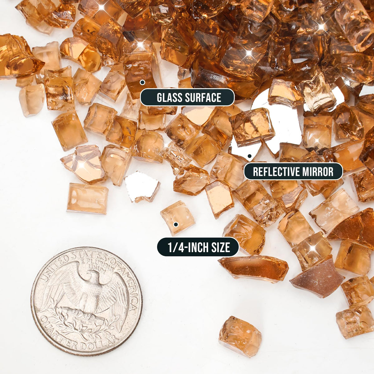 Skyflame copper-reflective fire glass close-up emphasizes dazzling mirrored shine and heat-resistant clarity
