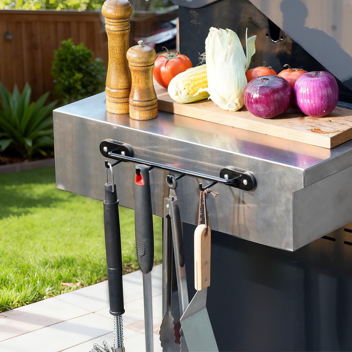 Skyflame durable black steel rack designed for long-lasting utensil organization.