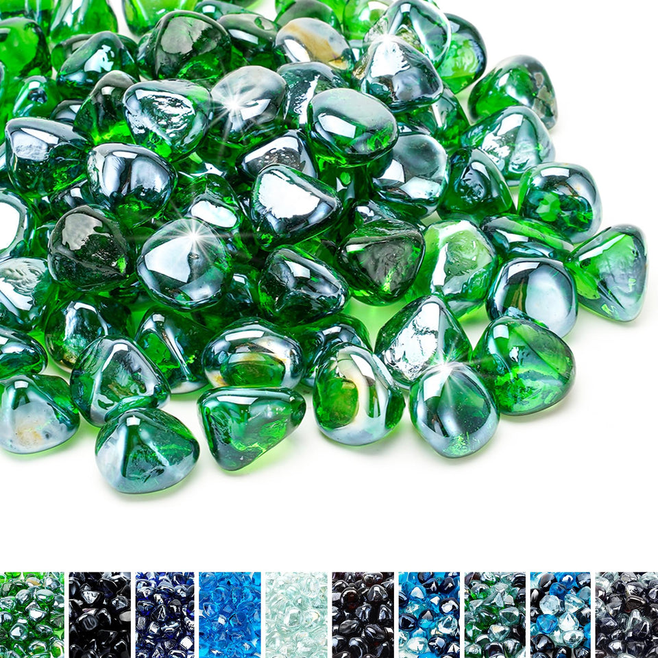 Skyflame emerald-green fire diamonds half-inch in a fire pit for vibrant ambiance.