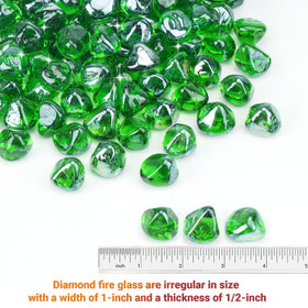 Skyflame emerald-green fire glass diamonds in a modern fireplace setting.