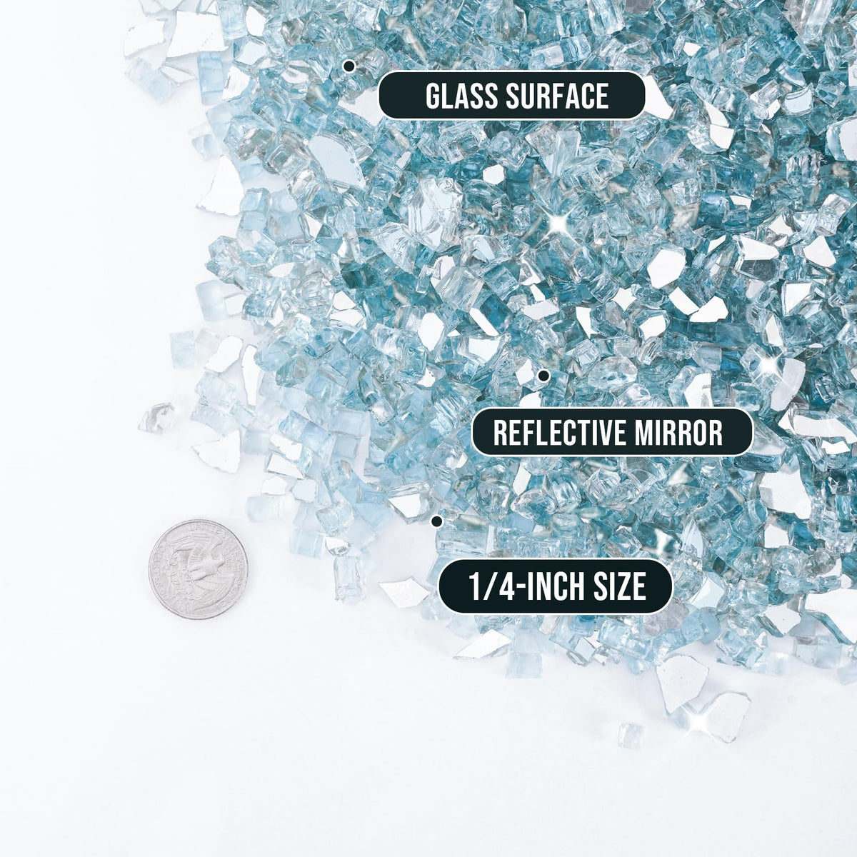 Skyflame aqua blue reflective fire glass in firepit with glow