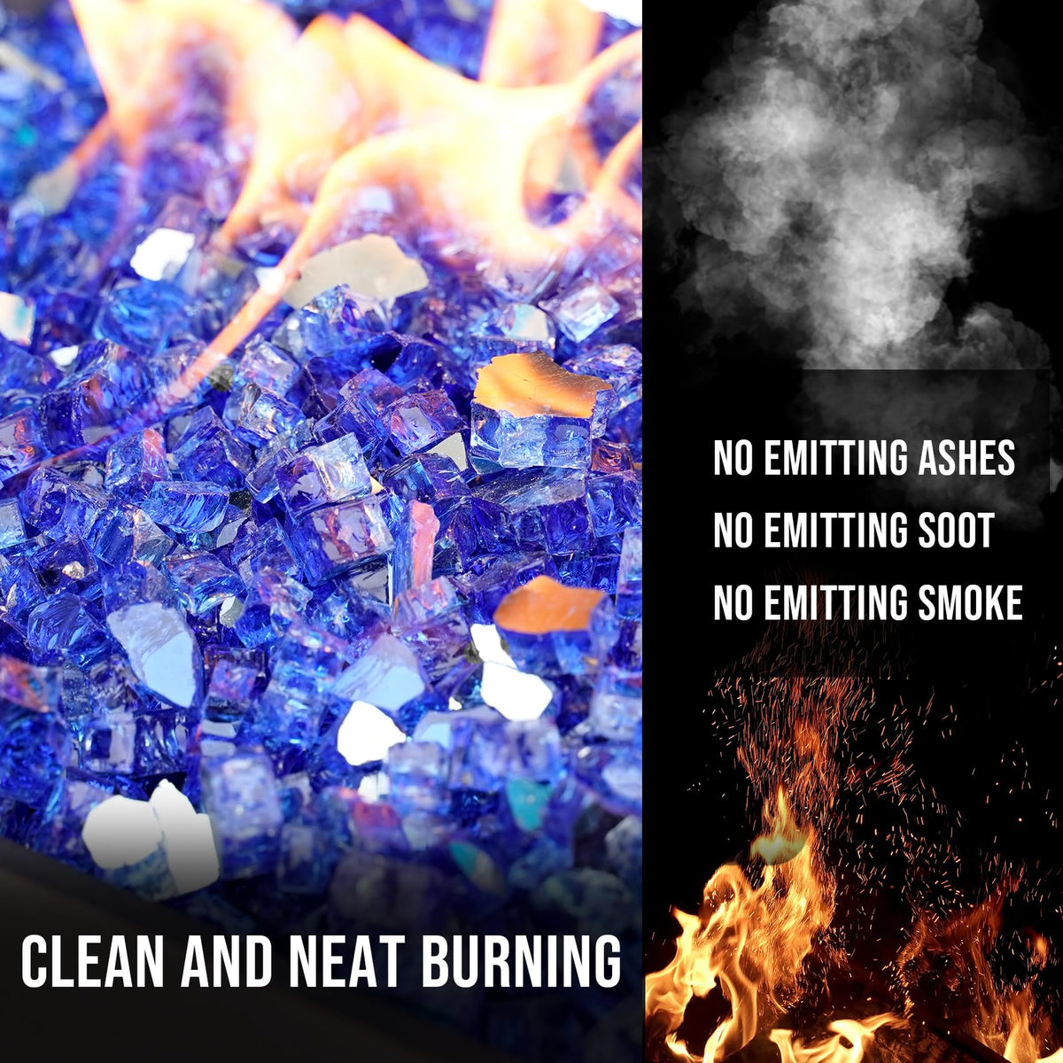 Skyflame cobalt blue fire glass 1-2-inch glossy stones enhance dramatic flames.
