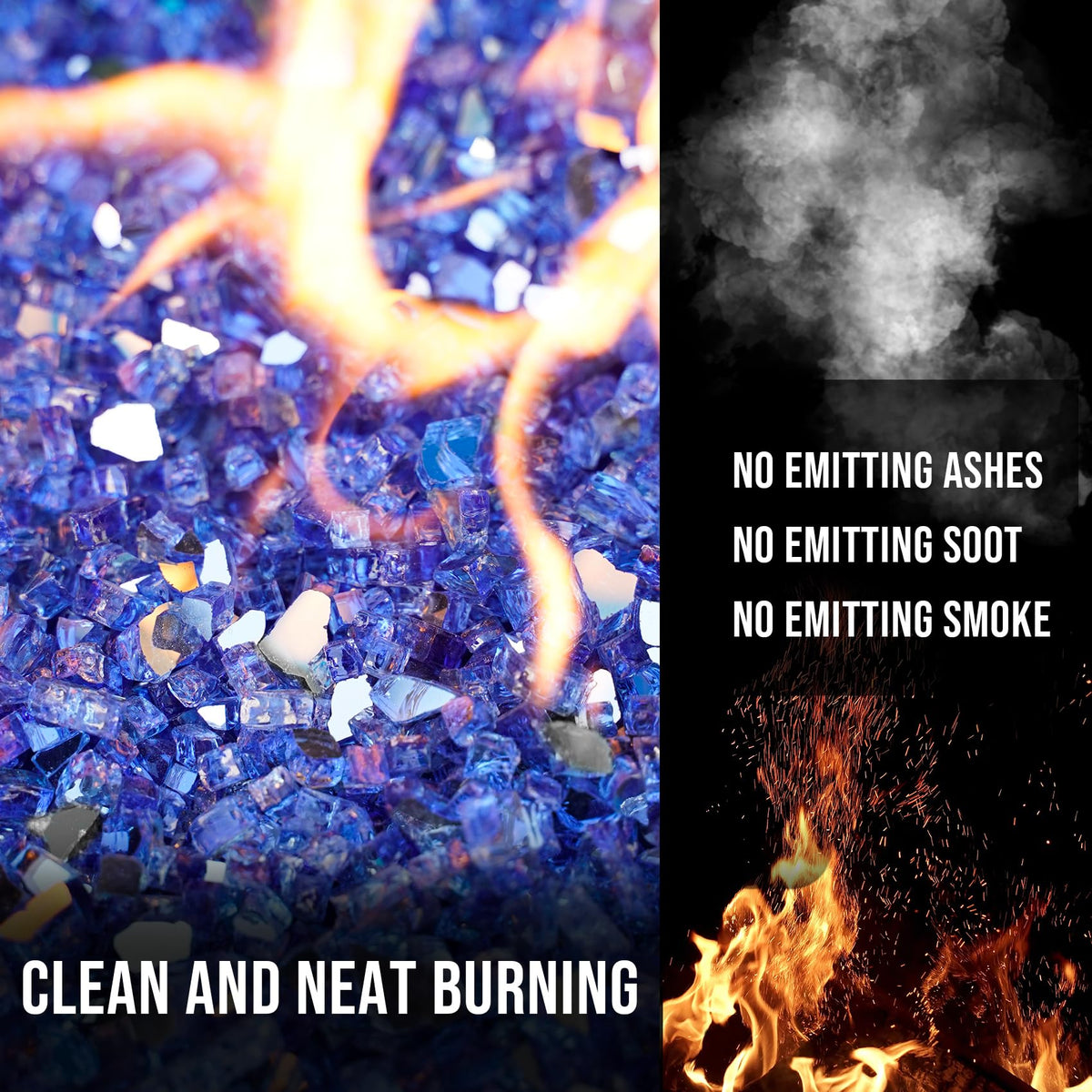 Skyflame cobalt blue fire glass on outdoor patio for ambiance.