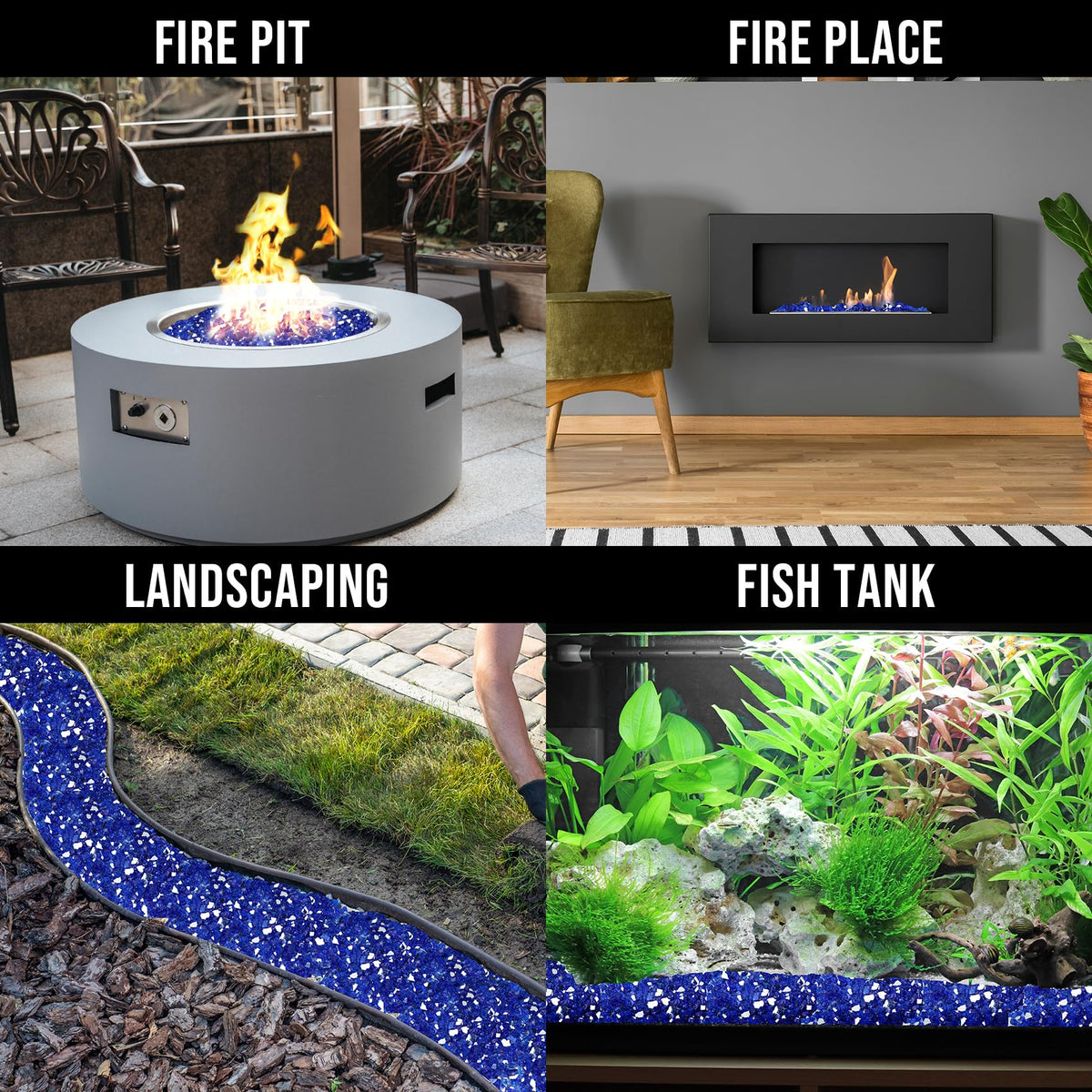 Skyflame cobalt blue fire glass on a patio glow.
