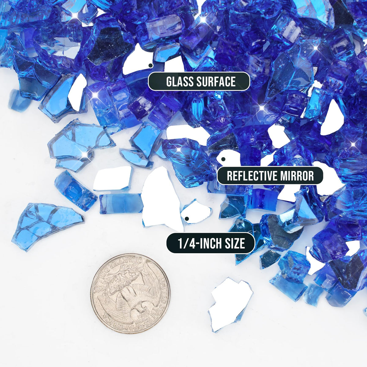 Skyflame cobalt blue fire glass close-up showing reflective surface.