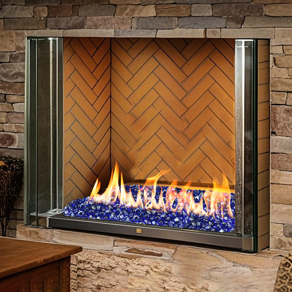Skyflame cobalt blue half-inch fire glass diamonds backyard ambiance enhancement