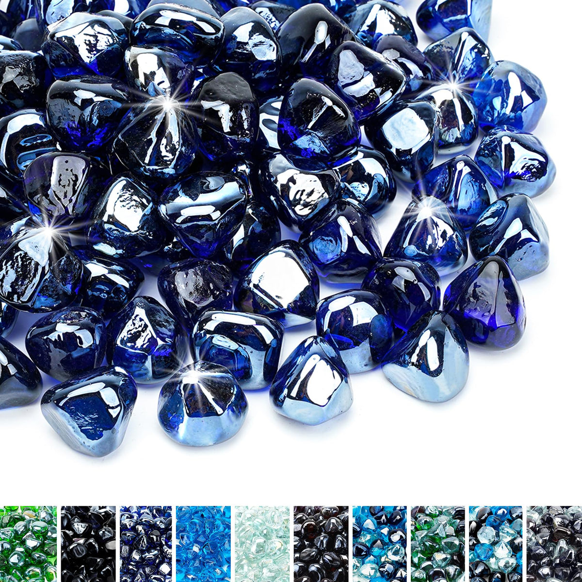 Skyflame cobalt blue half-inch fire glass diamonds close-up for dramatic night lighting