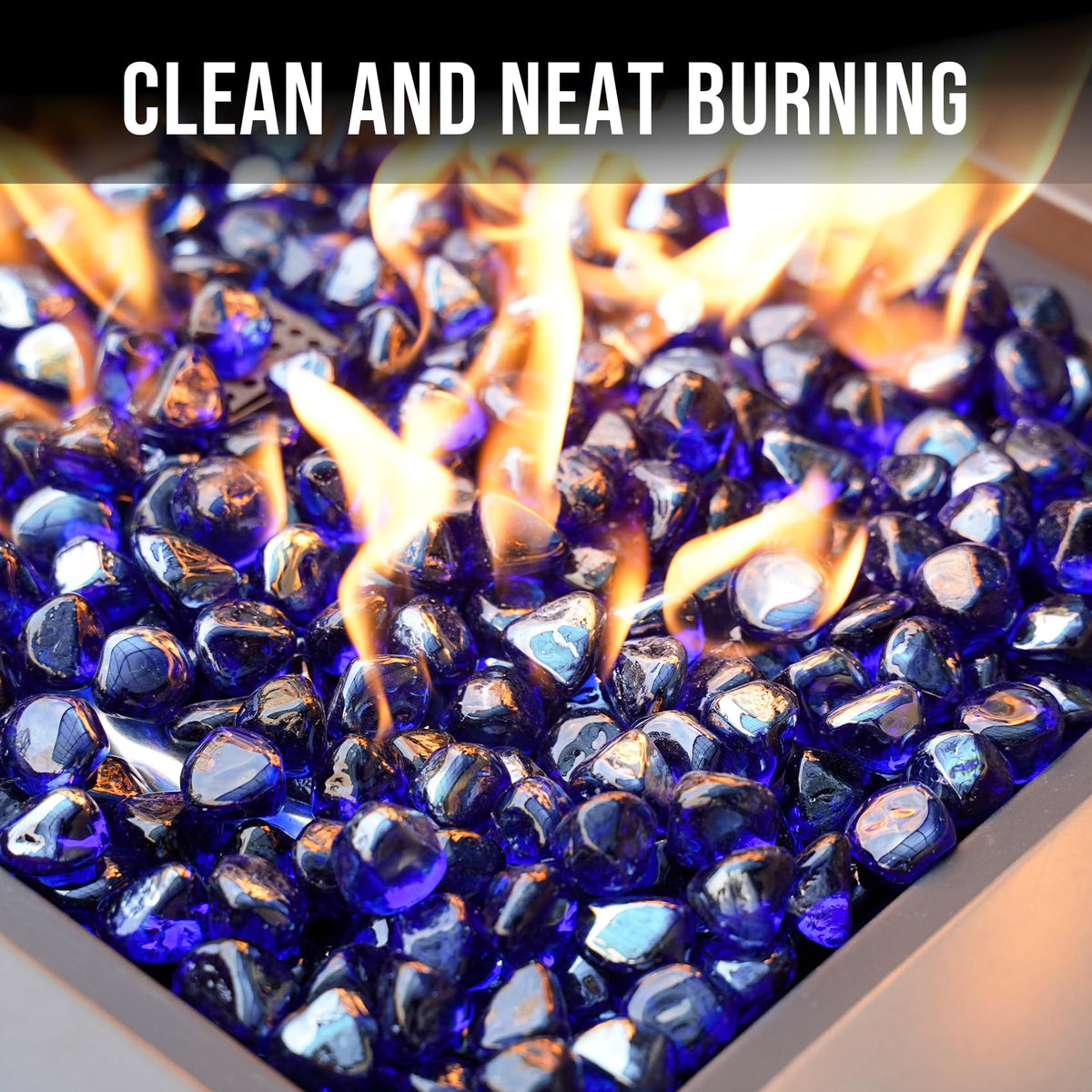 Skyflame cobalt blue half-inch fire glass diamonds in a modern fireplace display