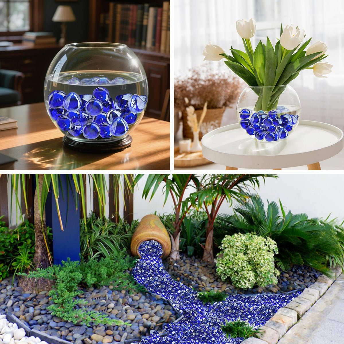 Skyflame cobalt blue half-inch fire glass diamonds packaging and setup ready